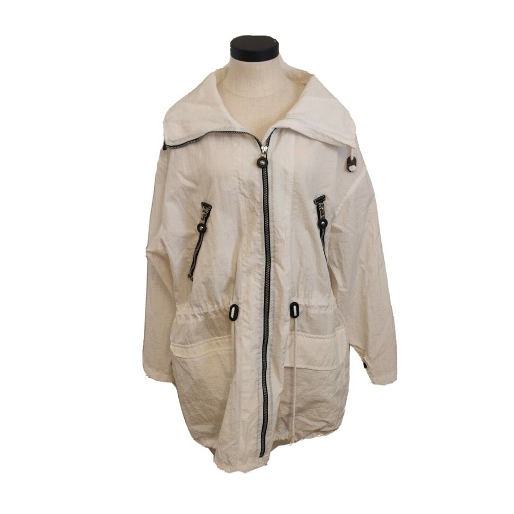 Brandon Thomas Women's Raincoat Jacket Hooded Cinch Waist & Hem White Size L.